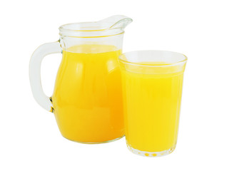 Full glass and jar of orange juice isolated on white
