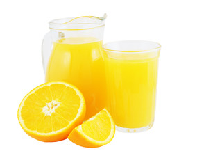 Full glass and jar of orange juice isolated on white