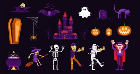 Halloween characters and icons set in cartoon style. Vampire, zombie, mummy and other monsters to celebrate Halloween.