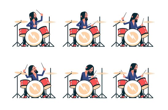 Rock band drummer playing drum set. Vector isolated character.