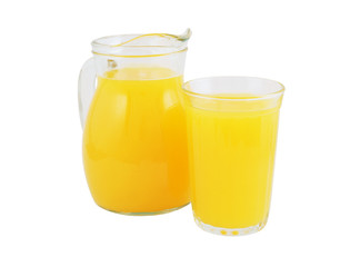 Full glass and jar of orange juice isolated on white
