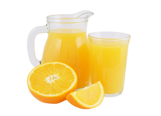 Jar of orange juice and orange fruit isolated on white background
