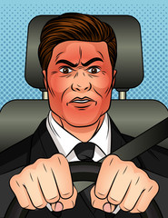 Color vector illustration in pop art comic style. A man holds the steering wheel in his hands and rides in a car. Businessman hides his emotions. Man with a red face with rage.
