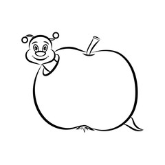 Cute apple worm coloring book page for kids. Vector illustration.