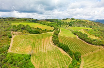 Fototapeta na wymiar Aerial view of a vineyard and hotel in the green landscape of Tuscany Italy