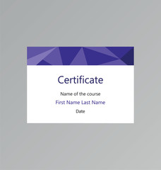 Clean educational certificate. Purple polygons. Usable as gift cards. A4/A5 standard size 