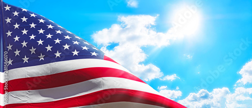 usa american flag isolated on blue cloud sky background panorama wide view of natural color of united states of america national symbol waving sign for patriotic day landscape photo wallpaper