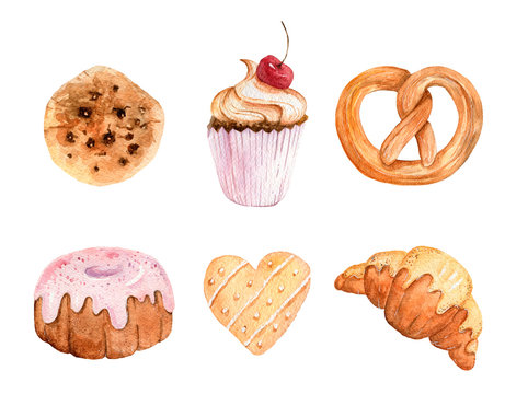 Set with watercolor hand drawn bakery elements. Chocolate cookies, cake, croissant, pretzel.