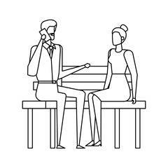 business couple calling with cellphone in the park chair