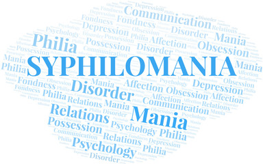 Syphilomania word cloud. Type of mania, made with text only.