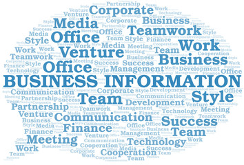 Business Information word cloud. Collage made with text only.