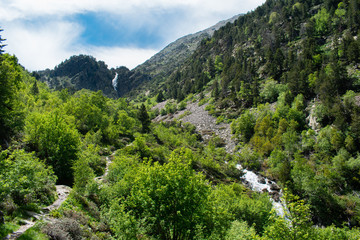 Landscape with waterfall in the mountains in summer at Parc Natural del Comapedrosa, Arinsal, Andorra