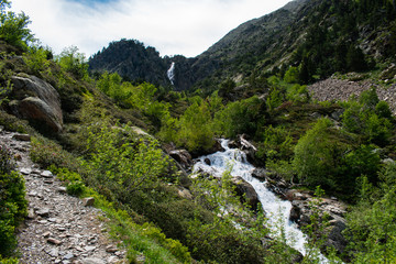 Landscape with waterfall in the mountains in summer at Parc Natural del Comapedrosa, Arinsal, Andorra