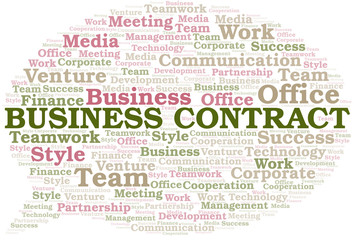 Business Contract word cloud. Collage made with text only.