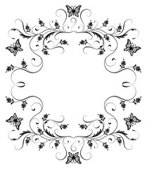 Decorative vintage frame with floral ornament and butterflies  in retro style isolated on white