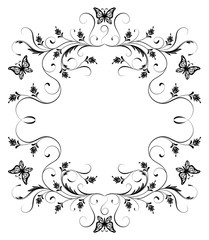 Decorative vintage frame with floral ornament and butterflies  in retro style isolated on white
