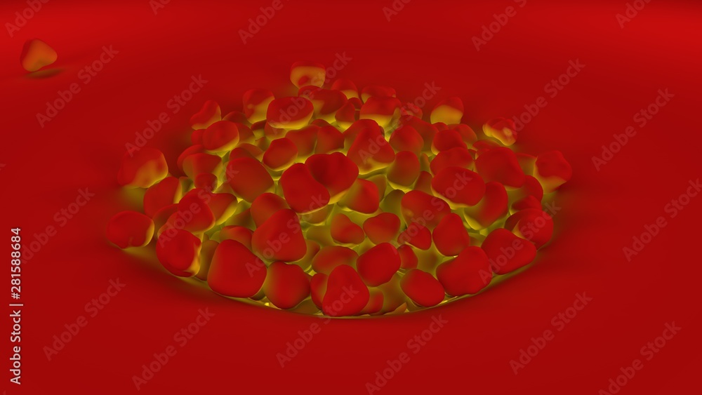 Poster 3d illustration of a variety of objects of round shape, red highlighted below in blue and yellow. 3d