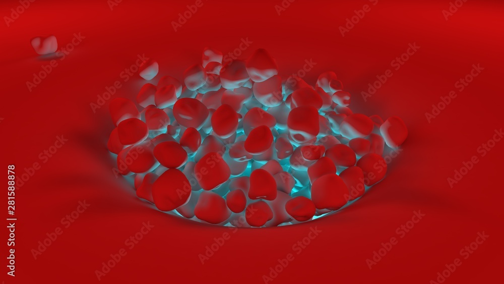 Poster 3d illustration of a variety of objects of round shape, red highlighted below in blue and yellow. 3d