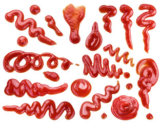 Set of ketchup puddles and ketchup splashes on white background.