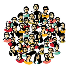 Doodles happy big group people isolated on white