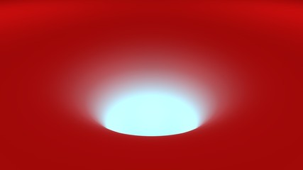 3D image of a hole in the red surface with illumination and different size and shape of balls, plastic objects randomly flying into space and falling. 3D rendering, abstraction.
