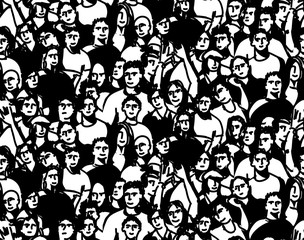 Doodles happy crowd people audience black and white seamless pattern