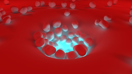 3D image of a hole in the red surface with illumination and different size and shape of balls, plastic objects randomly flying into space and falling. 3D rendering, abstraction.