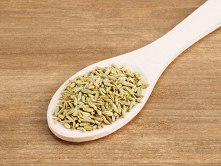 Fennel seeds (Foeniculum vulgare) in a white wooden spoon on a wooden background