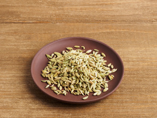Fennel seeds (Foeniculum vulgare) in a clay plate on a wooden background