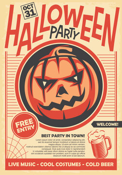 Halloween party poster and invitation card design with pumpkin head on old paper background. Vintage vector illustration. Holiday event.