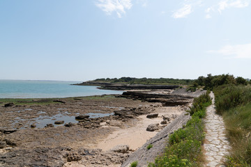 stone rock beach and dike of the island of Aix in France