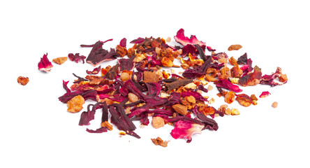  tea with candied fruit and rose petals on white background