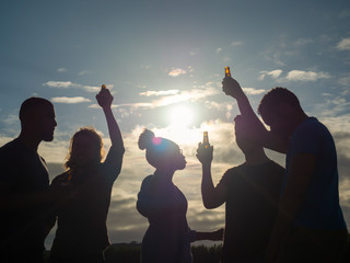 Cropped shot of friends dancing with beer bottles in park. Group of young people relaxing after...