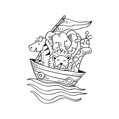 Cute animals on boat. cartoon illustration.