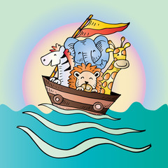 Cute animals on boat. cartoon illustration.