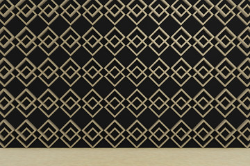 wood diamond blocks on black wall, empty room, background, 3d rendering