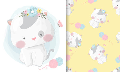 Cute hand drawn cat  with seamless pattern set