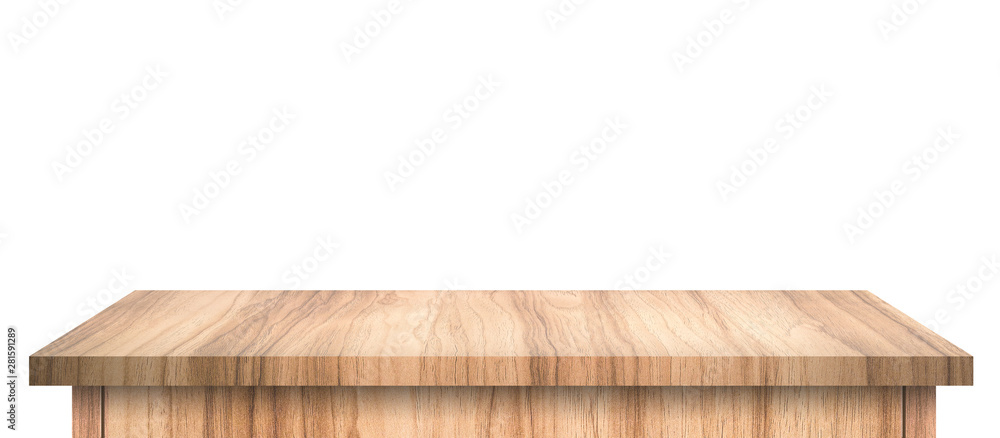 Aufkleber Empty Wood table with abstract pattern isolated on pure white background. Wooden desk and shelf display board with perspective floor. ( Clipping path )