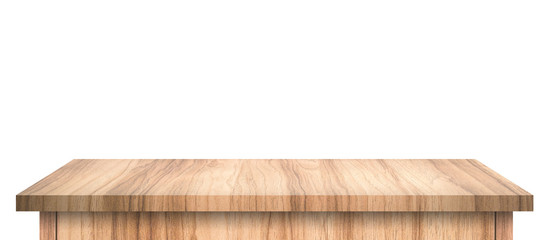 Empty Wood table with abstract pattern isolated on pure white background. Wooden desk and shelf display board with perspective floor. ( Clipping path )