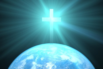 3d illustration: The Christian cross over the planet earth sheds a blessed blue light on the people of the world. Christianity. Religious concept.