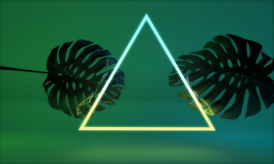 Glowing neon light with tropical monstera leaf. 3D Render