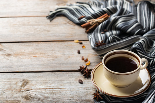 Autumn, winter hygge home decor composition, coziness concept
