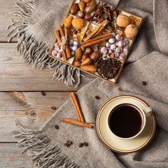 Autumn, winter hygge home decor composition, coziness concept