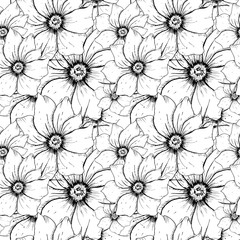 Flower backdrop. Hand drawn seamless pattern with sketch style flowers. Monochrome  background.