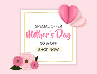 mother's day sale banner template decorated with flower and heart