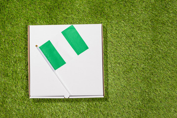 Paper box of pizza with Nigeria Flag on the grass. Concept. Top view