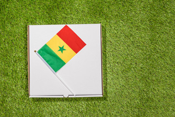 Paper box of pizza with Senegal Flag on the grass. Concept. Top view