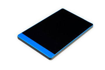 Obraz na płótnie Canvas isolated tablet in blue and black colors on white background. technology and mobility concept. connecting people. communication and business.