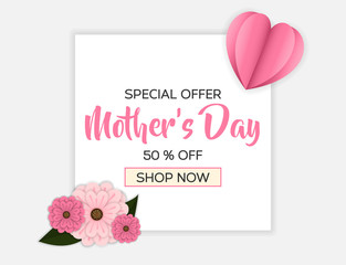 mother's day sale banner template decorated with flower and heart