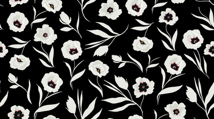 trendy seamless floral pattern. white flowers on black background. vector illustration